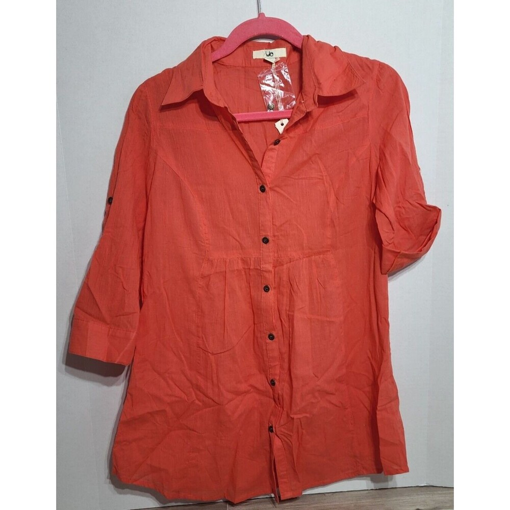 YA Cotton Roll-Tab Sleeve Button down Shirt Tangerine Women's Size L